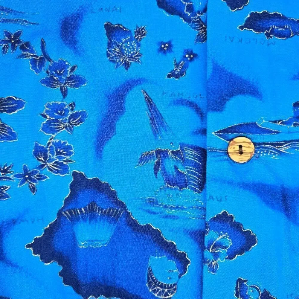 VINTAGE UI-MAIKAI COTTON HAWAIIAN SHIRT BLUE GOLD ISLANDS MENS SIZE MEDIUM